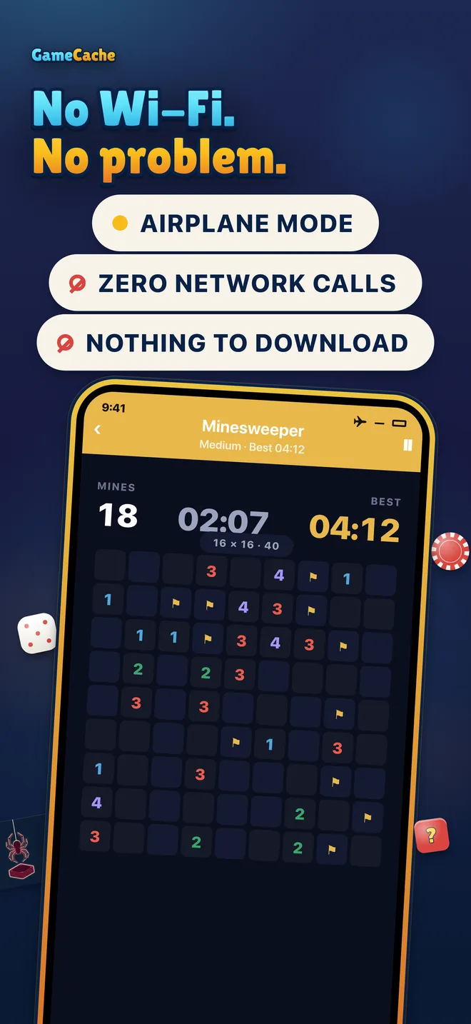 App Store panel 2 of 8: Minesweeper running in airplane mode